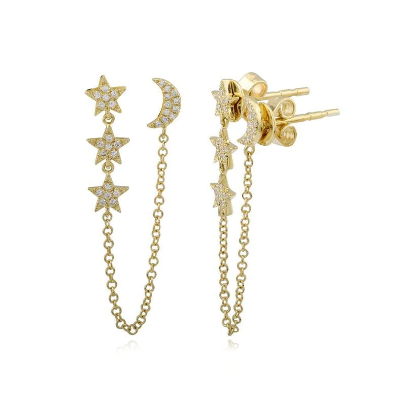 Three Stars and Moon Chain Studs