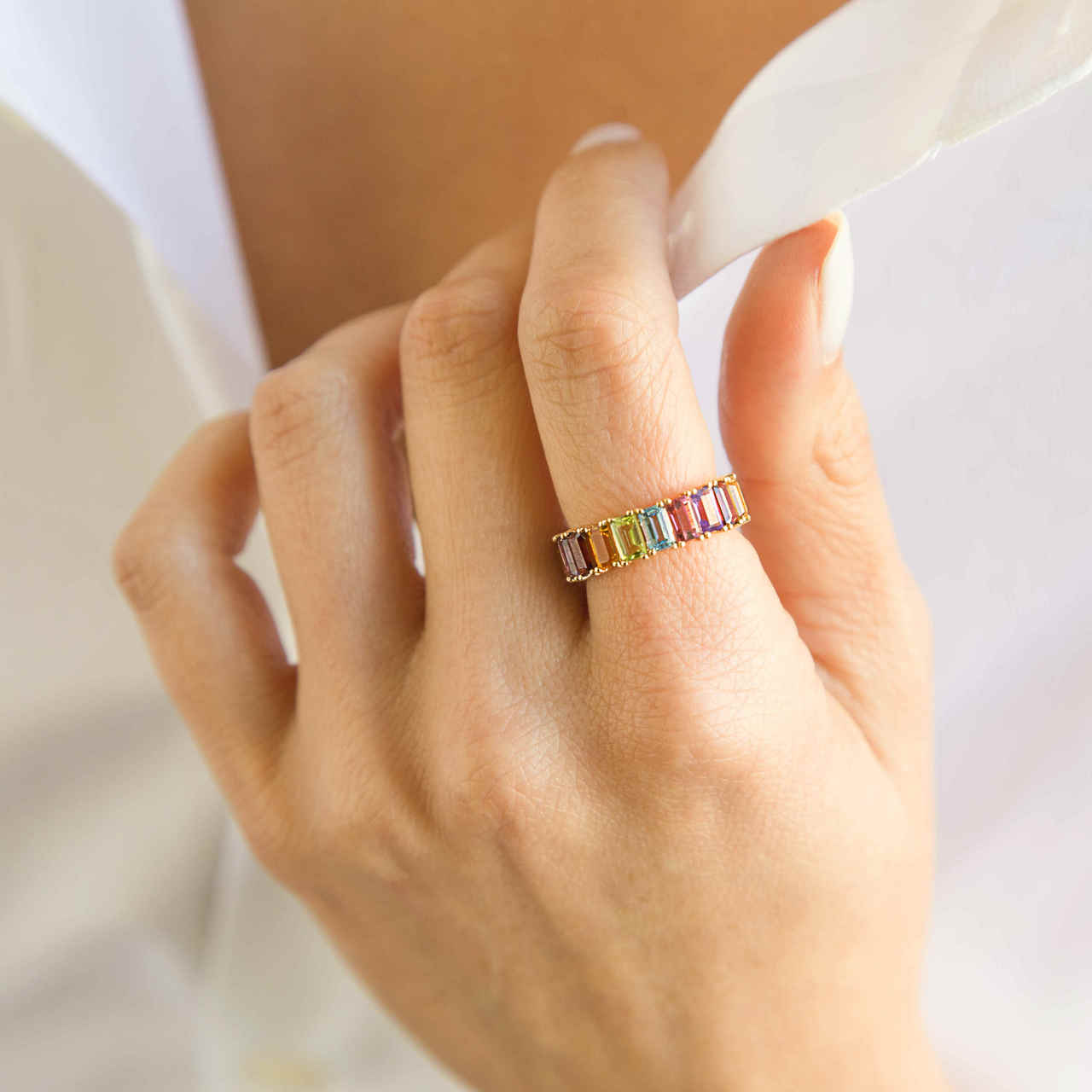 Rainbow Eternity Emerald Cut Ring