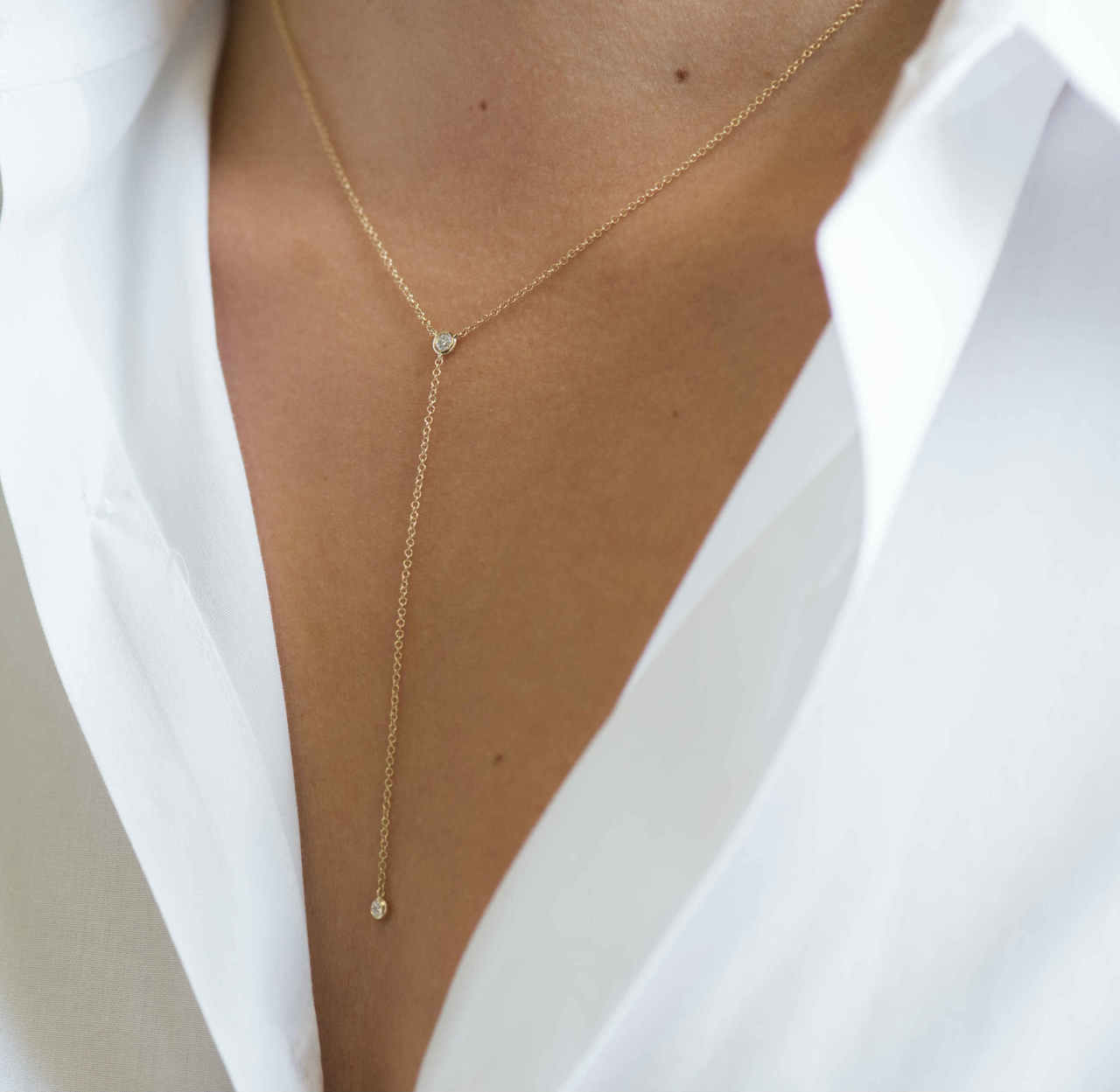 Gold Bezel Diamond Lariat Necklace